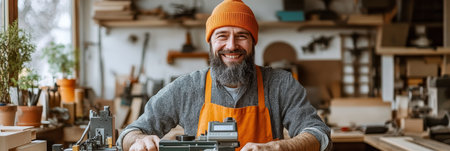 Skilled Craftsman with a Smile Operating a CNC Router in a Modern Woodworking Workshopの素材