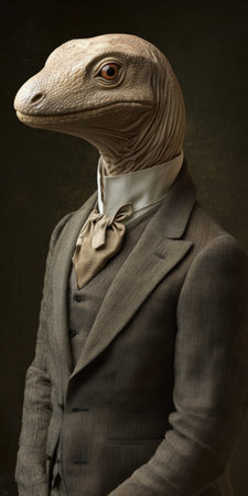 Anthropomorphic Komodo Dragon in a Suit, Profile Portrait Against a Dark Background.の素材