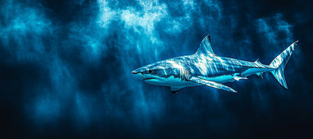 Great White Shark Glides Through Dark Blue Ocean Waters, Powerful Predator, Marine Wildlifeの素材
