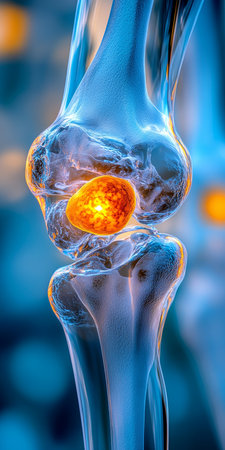Inflamed Human Knee Joint, Anatomical Illustration, Vibrant Color, Gradient Blue Backgroundの素材