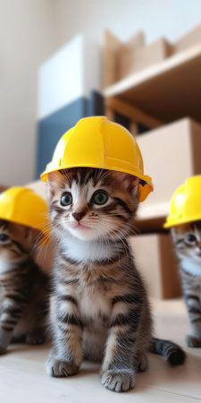 Three Adorable Kittens Wearing Yellow Construction Hats Sit on a Project and Pose Inquiringlyの素材