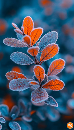 Vibrant Orange and Blue Frost Covered Leaves, Shallow Depth of Field, Bright Natural Lighting, Bokehの素材