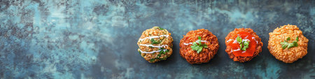 Four Various Delicious Golden Brown, Crispy, Juicy Fried Meat Balls in Vibrant Colorful Layout.の素材