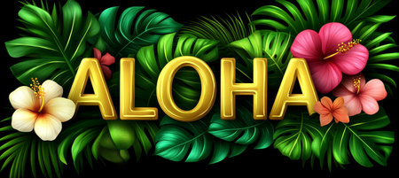 Tropical Paradise Vibrant ALOHA Typography Surrounded By Lush Gold, Floral Plant Elements,の素材