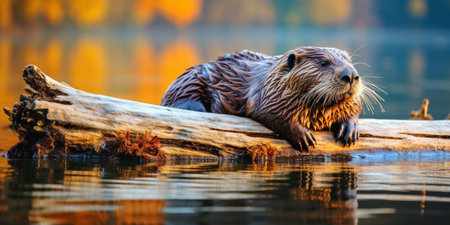 Wild Moment Close-up of an Adult Beaver Perched on Fallen Timber in Crystal Clear Autumnの素材