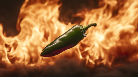 Single Jalapeo Pepper Ablaze Macro Photo on a Black Background with Fire. Concept of Spicy Food.の素材