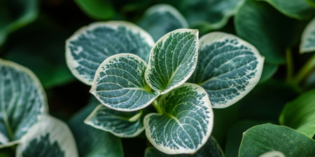 Variegated Hosta Plant, Display of Green, White Leaves Garden Background with Copy Spaceの素材
