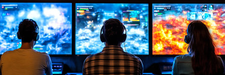 Gamer Trio in Intense Esports Battle, Viewed from Behind with Gameplay on Large Screensの素材