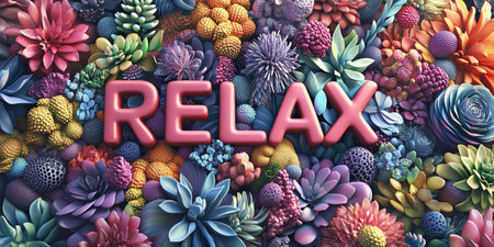Vibrant Flower Arrangement Spelling RELAX with Lush Elements, Bright Colours, Studio Shotの素材