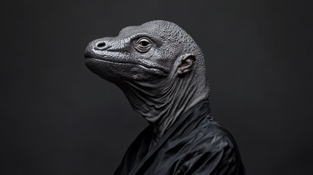 Anthropomorphic Komodo Dragon in Profile, Blending Animal and Human Features on Dark Background.の素材