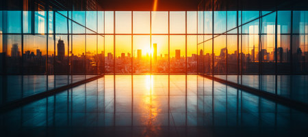 Golden Sunrise Over City Skyline. Vibrant Cityscape View Through Panoramic Windows of Modern Office.の素材