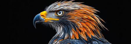 Majestic Golden Eagle Portrait, Close-Up of a Fierce Bird of Prey Isolated on Black Backgroundの素材