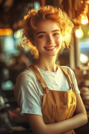Portrait of a Happy Young Woman with Curly Red Hair, Smiling in a Warm, Cozy Cafe Atmosphereの素材
