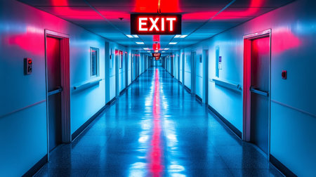 Hospital Corridor With Exit Sign, Empty Hallway, Perspective View, Healthcare And Safety Concept.の素材