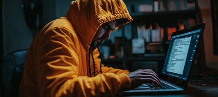 Concentrated young man wearing a hoodie using a laptop in a dark room, coding or hackingの素材