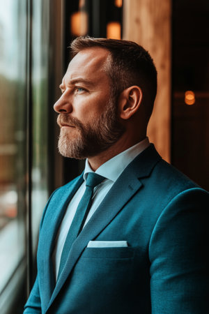 Contemplative Businessman in Blue Suit, Deep in Thought, Gazing Through Office Windowの素材