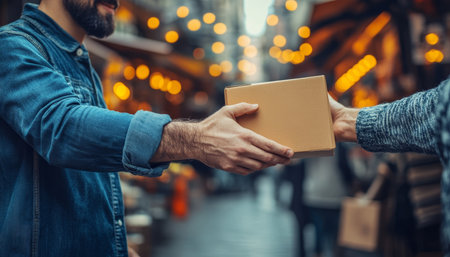 Delivery Man Hands Off Package to Eager Customer in Bustling City Setting, Natural Light, No Filtersの素材