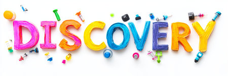 Discovery Banner - Colorful Letters Formed by Laboratory Equipment on White Backgroundの素材