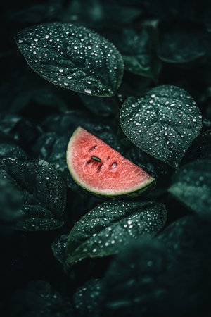 Slice of Ripe, Juicy Watermelon Nestled on Dewy Leaves, Freshness and Nature s Bountyの素材