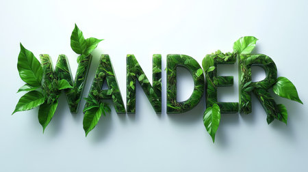 Word Wander Made From Lush Green Plants, Foliage, and Leaves. Isolated on White Background.の素材