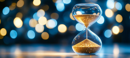 Time Concept. Hourglass With Golden Sand On Bokeh Background At Night, Measuring Passing Momentsの素材