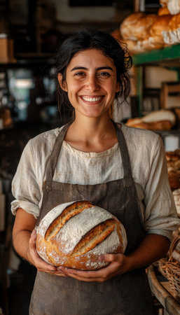 Artisan Baker s Pride Young Woman Holds Freshly Baked Sourdough Bread, Rustic Bakery Backgroundの素材