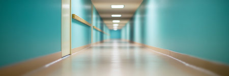 Blurred Abstract Empty Hospital Hallway Interior Design With Teal Walls And Warm Lightingの素材