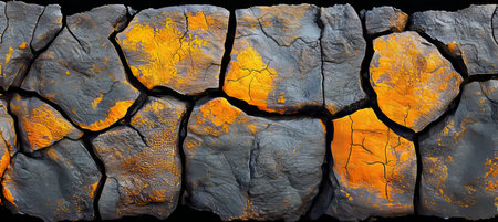 Abstract Texture Of Cracked Molten Lava In Solidified Black Volcanic Rock, Vibrant Orange Magmaの素材