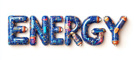Energy spelled out with batteries and circuits in vibrant, photorealistic style, isolated on white.の素材