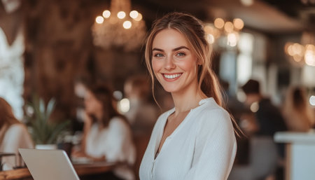 Happy Small Business Owner Working on Laptop in Trendy Coffee Shop, Bright and Inviting Atmosphereの素材