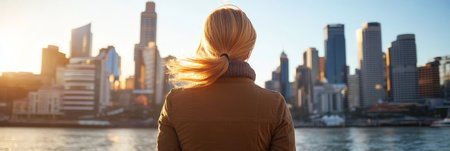 Woman s Back, Golden Hour Cityscape Waterfront Serenity, Alone Tourist Enjoying the View.の素材