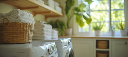 Bright Laundry Room With a White Modern Washing Machine, Towels, and Natural Sunlightの素材