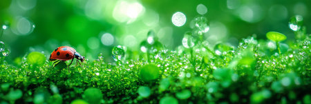 Red Ladybug Perched on Vibrant Green Grass Covered in Sparkling Dew, Close-Up Macro Photographyの素材