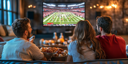 Friends Sharing Excitement, Watching Sports on TV with Snacks, Streaming Entertainmentの素材