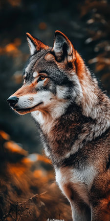 Stately Gray Wolf in Profile Set Against Fall Foliage. Mammal with Piercing Eyes on Alertの素材
