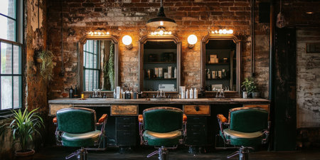 Vintage Barbershop Interior With Empty Antique Barber Chairs, Mirrors, And Exposed Brick Wallsの素材