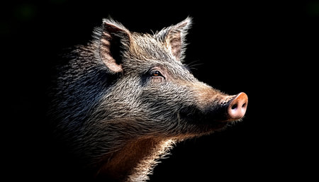 Portrait, Side View of a Wild Boar Emerging From Darkness With Intense Gaze in Natural Habitatの素材