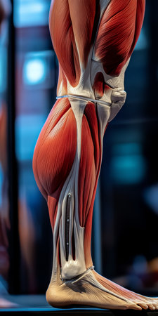 Human Leg Anatomy Model Muscles, Tendons, Bones in Detail. Pose Against Dark Backdrop.の素材