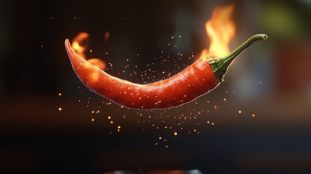 Red Hot Chilli Pepper Ablaze. Fiery Chilli Pepper With Flying Sparks Enveloped In Blazing Flamesの素材
