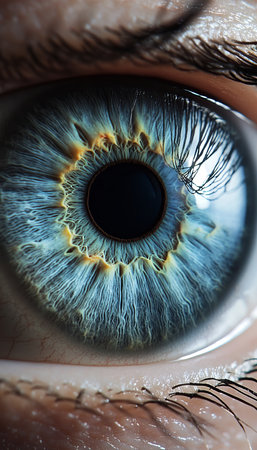 Close Up of a Vibrant Blue Human Eye Detailed Texture and Sharp Focus, Professional Photographyの素材