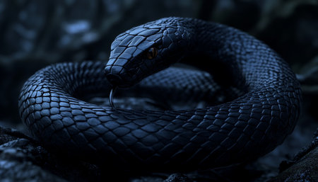 Black Mamba Snake Coiled and Ready to Strike, Dark Moody Macro Photography, Wildlife Portraitの素材