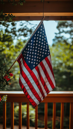 American Flag Gracefully Hanging on a Porch, Symbolizing Patriotism and National Pride.の素材