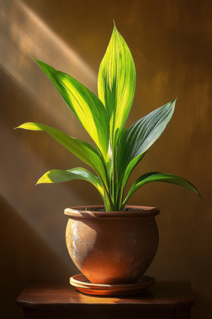 Indoor Potted Tropical Plant in Terracotta Pot Bathed in Sunlight, Peaceful Still Lifeの素材