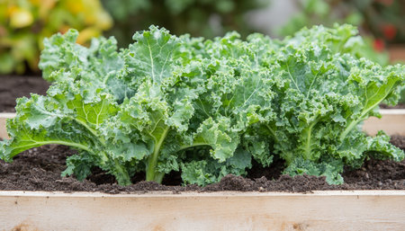 Close Up Fresh Green Kale Growing In Raised Garden Bed, Organic Healthy Vegetable For Homegrown Foodの素材