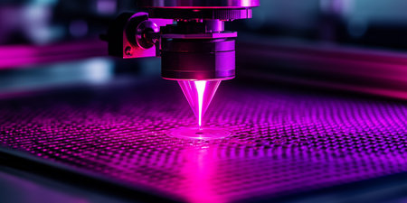 Plasma Cutting Technology Close-Up of Industrial Laser Engraving Machine in Action on Metal Surfaceの素材
