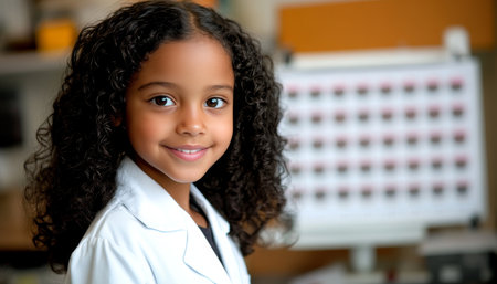 Smiling Girl Enjoys Positive Eye Exam Experience,, Sharp Vision, and Healthy Eyesight at Clinicの素材