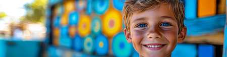 Portrait of a Happy Young Boy Bright Blue Eyes Shine Through Freckles Against Colorful Backdropの素材