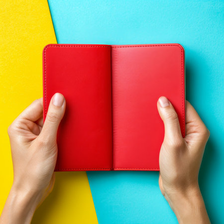 Woman s Hands Holding Open Red Book on Colorful Yellow and Blue Background, Back to School Conceptの素材