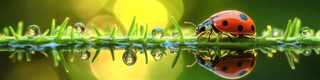 Ladybug on Green Grass With Water Drops, Macro Shot. Beautiful Natural Background With Reflectionの素材