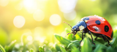 Ladybug exploring the spring colors on vivid green grass with sunlight, a macro photography,の素材